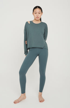 AIRLAYER CUT OUT SHOULDER LONG SLEEVE TOP - LAKE GREEN