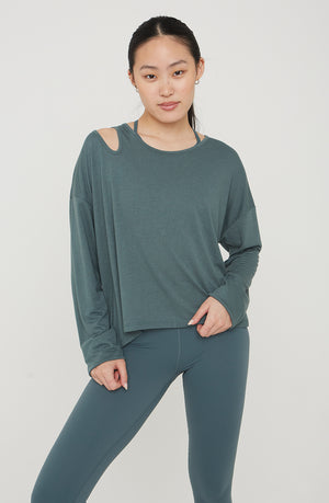 AIRLAYER CUT OUT SHOULDER LONG SLEEVE TOP - LAKE GREEN