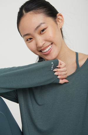 AIRLAYER CUT OUT SHOULDER LONG SLEEVE TOP - LAKE GREEN