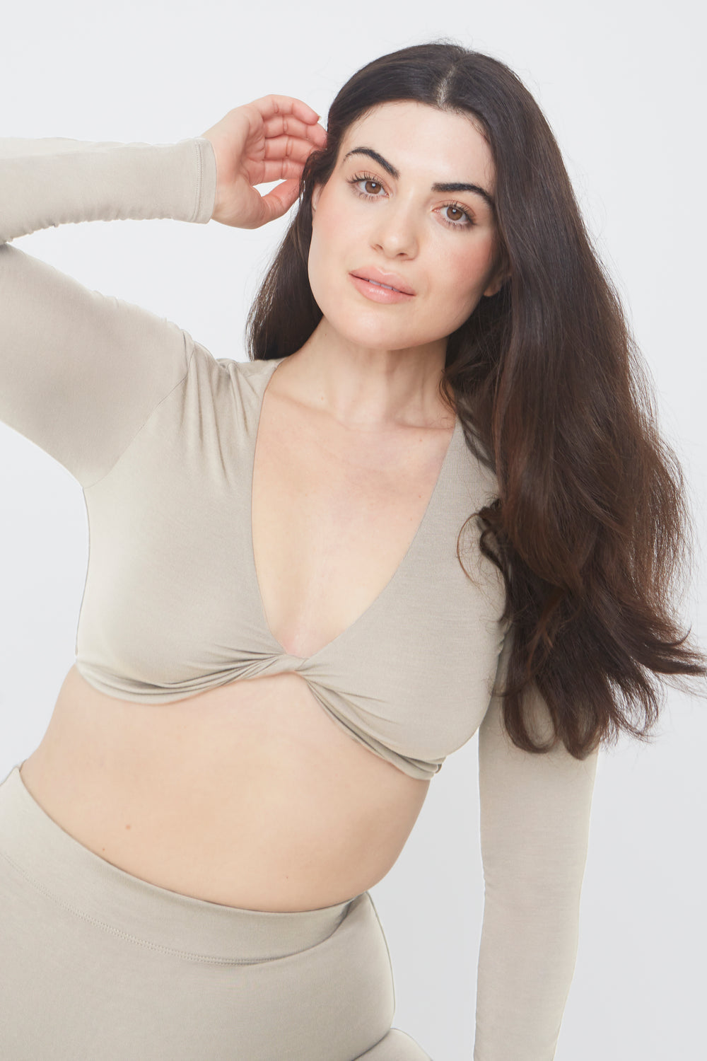 365 TWIST FRONT LONG SLEEVE CROP TOP - SAND