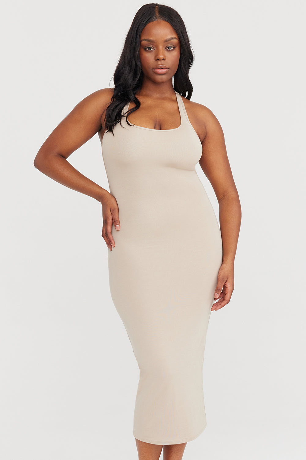 365 RACERBACK BODYCON MIDI DRESS - SAND