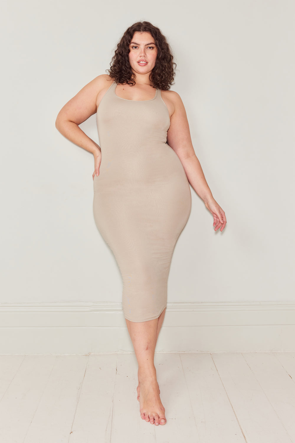 365 RACERBACK BODYCON MIDI DRESS - SAND