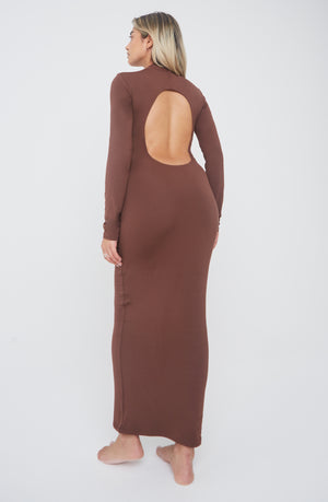 365 LONG SLEEVE CUT OUT BODYCON MIDI DRESS - CHOCOLATE