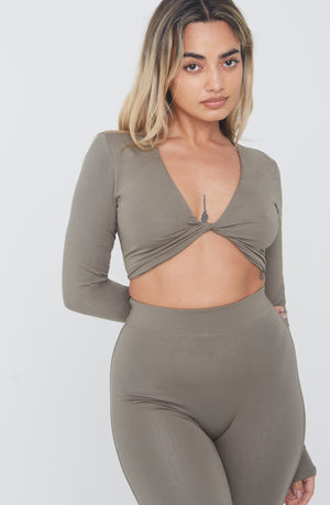 365 TWIST FRONT LONG SLEEVE CROP TOP - VINTAGE KHAKI