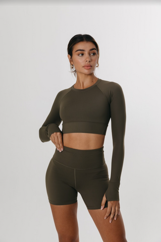 SKINLUXE CROP KEYHOLE LONG SLEEVE TOP - KHAKI