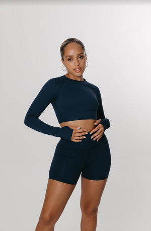 SKINLUXE CROP KEYHOLE LONG SLEEVE TOP - NAVY