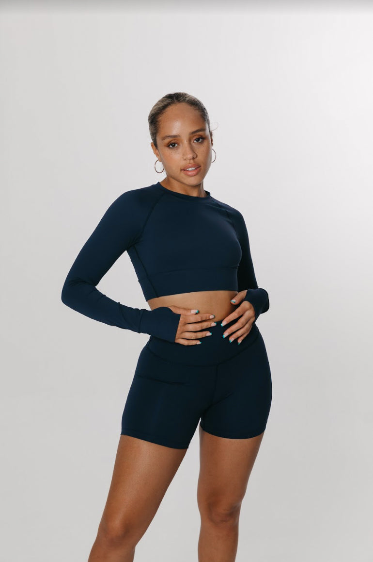 SKINLUXE CROP KEYHOLE LONG SLEEVE TOP - NAVY