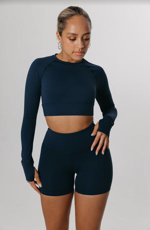 SKINLUXE CROP KEYHOLE LONG SLEEVE TOP - NAVY