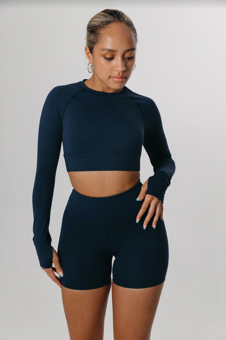 SKINLUXE CROP KEYHOLE LONG SLEEVE TOP - NAVY