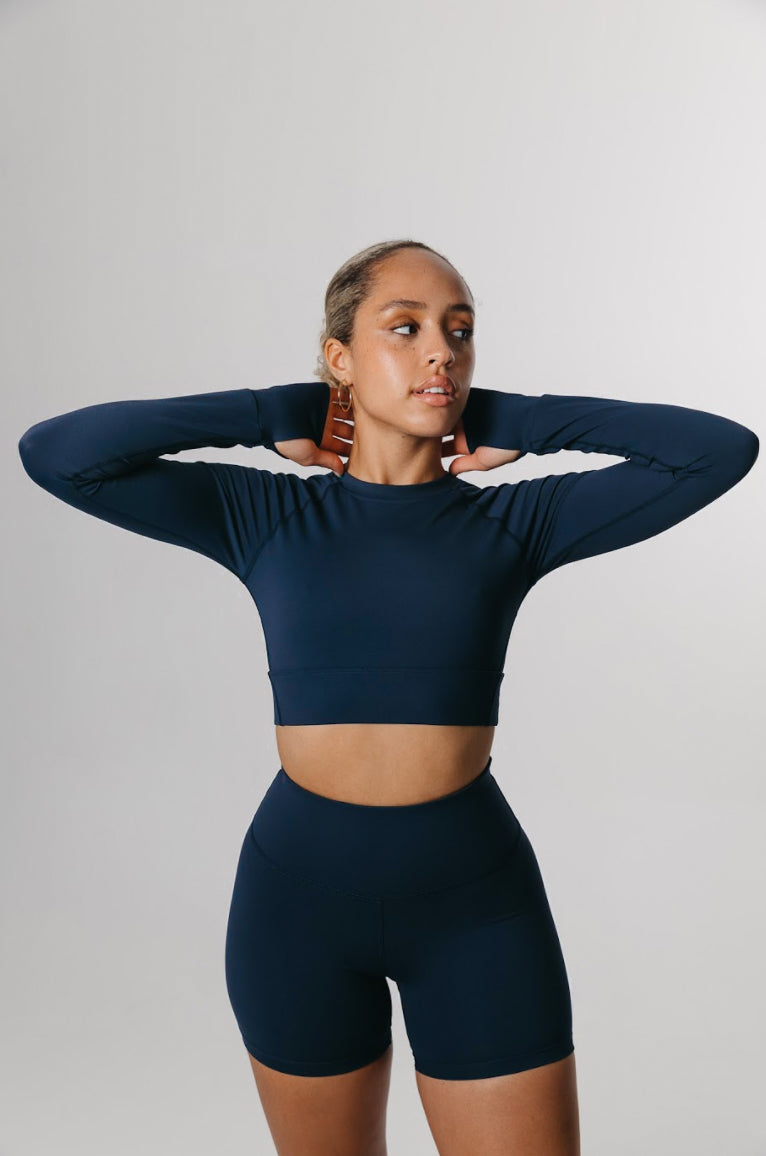 SKINLUXE CROP KEYHOLE LONG SLEEVE TOP - NAVY