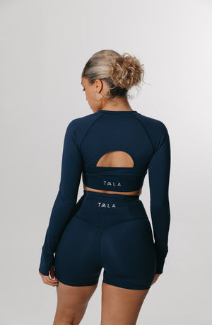 SKINLUXE CROP KEYHOLE LONG SLEEVE TOP - NAVY