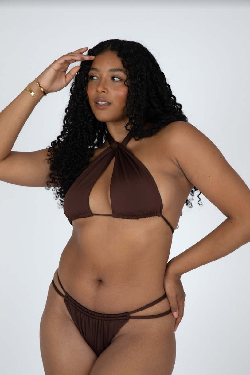 SIENNA HIGH LEG RUCHED BIKINI BOTTOM - COCOA BROWN