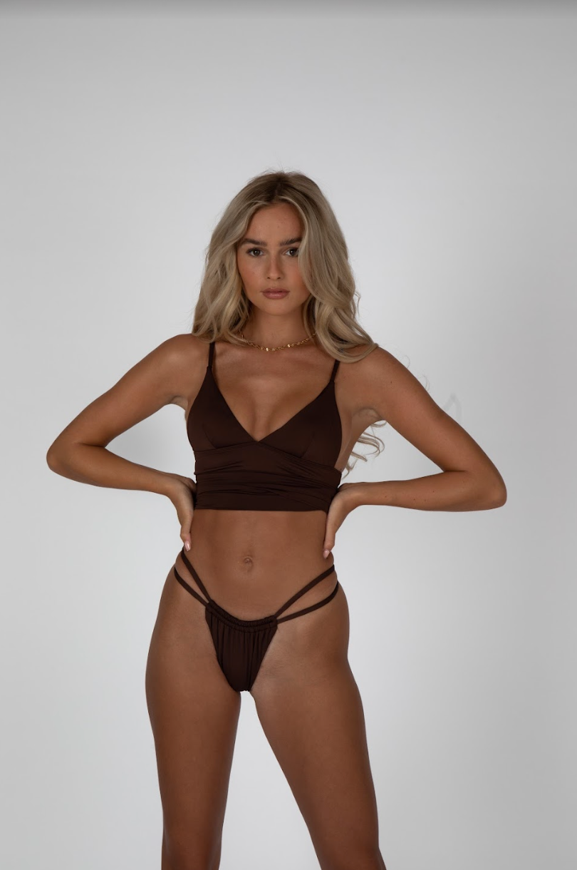 SIENNA HIGH LEG RUCHED BIKINI BOTTOM - COCOA BROWN