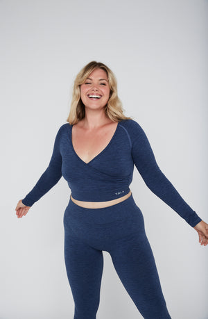 SCULPT SEAMLESS WRAP LONG SLEEVE CROP TOP - FRENCH NAVY MARL