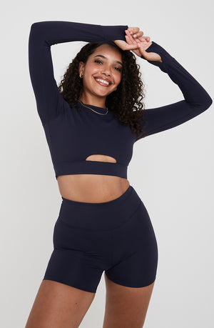 SKINLUXE LONG SLEEVE CROP KEYHOLE TOP - NAVY