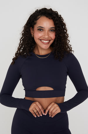 SKINLUXE LONG SLEEVE CROP KEYHOLE TOP - NAVY