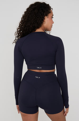 SKINLUXE LONG SLEEVE CROP KEYHOLE TOP - NAVY