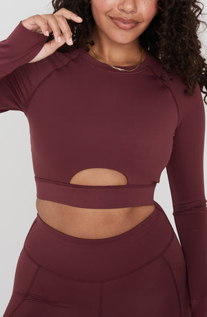 SKINLUXE LONG SLEEVE CROP KEYHOLE TOP - DARK CHERRY