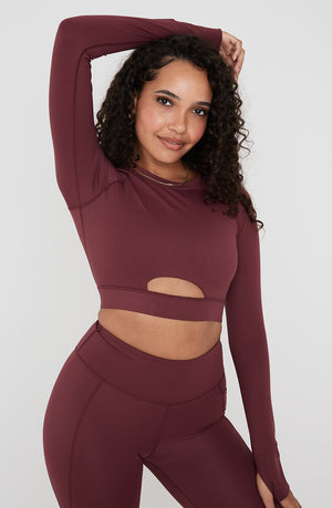 SKINLUXE LONG SLEEVE CROP KEYHOLE TOP - DARK CHERRY