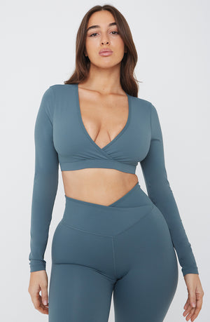 DAYFLEX WRAP LONG SLEEVE CROP TOP - LAKE GREEN