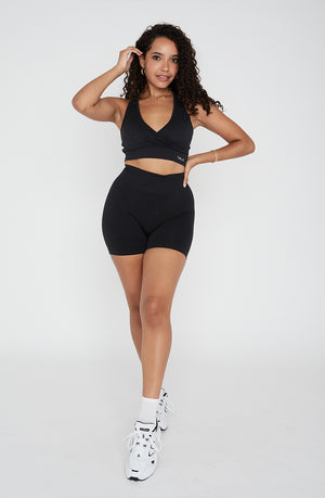 SCULPT SEAMLESS WRAP SPORTS BRA - BLACK MARL