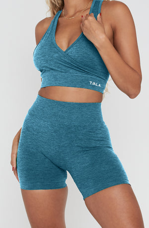 SCULPT SEAMLESS WRAP SPORTS BRA - TEAL GREEN MARL