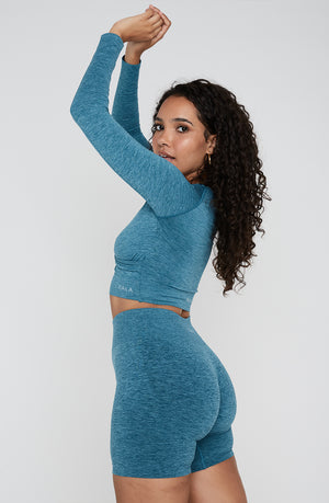 SCULPT SEAMLESS WRAP LONG SLEEVE CROP TOP - TEAL GREEN MARL